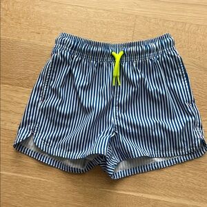 Vineyard Vines Blue and White Striped Swim Shorts with Neon Yellow Drawstring